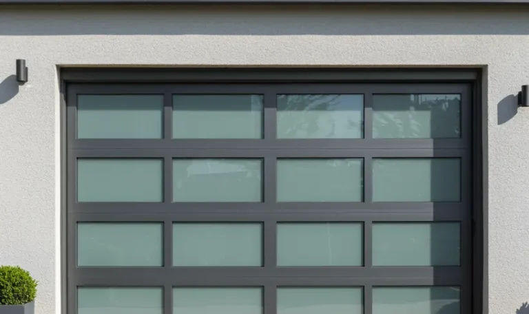 Bi-fold garage door featuring frosted glass panels and dark frame on a modern residential facade.