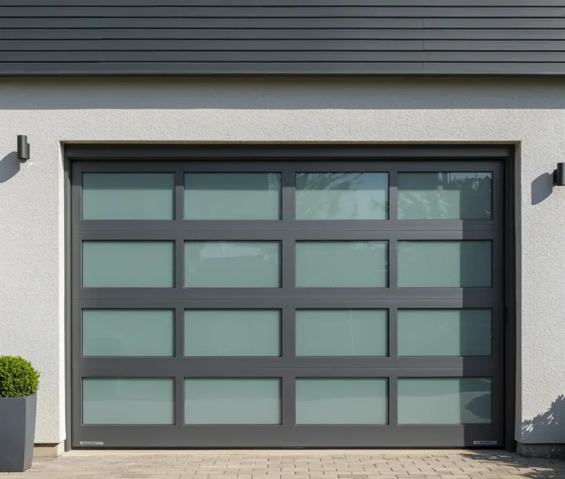 Bi-fold garage door featuring frosted glass panels and dark frame on a modern residential facade.