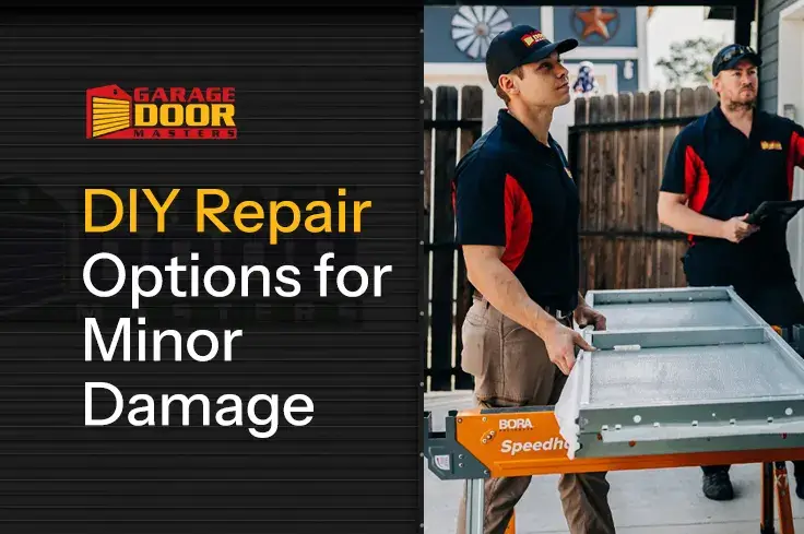 Blog card with the Garage Door Masters logo beside two uniformed technicians and a garage door panel on a work stand