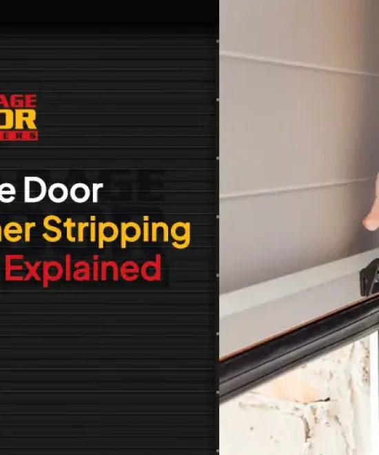Banner reading "Garage Door Weather Stripping & Seal Explained 101" beside a hand at the black seal on a door top edge