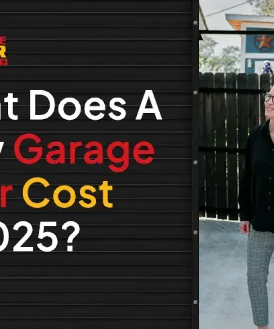 Banner reading "What Does A New Garage Door Cost In 2025?" beside a homeowner walking with a technician holding a tablet