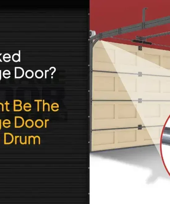 Rendered tan sectional garage door in its tracks beside a close-up inset of a grooved cable drum on a torsion shaft