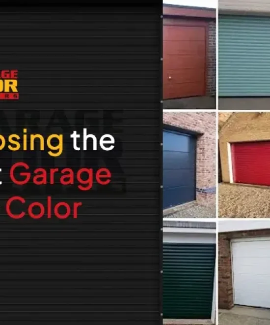 Grid of nine garage doors in different colors next to the Garage Door Masters logo