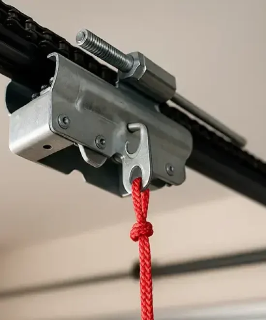 Close-up of a garage door opener trolley on a chain rail with a red emergency release cord