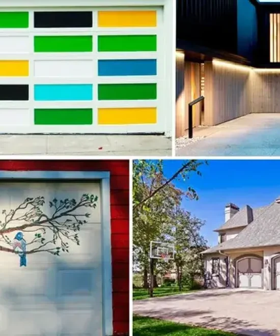 Four-panel collage of garage doors: painted color blocks, wood slats, bird mural, carriage style