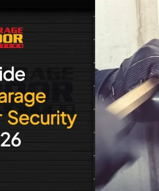 Gloved hand prying a door open with a crowbar beside the Garage Door Masters logo