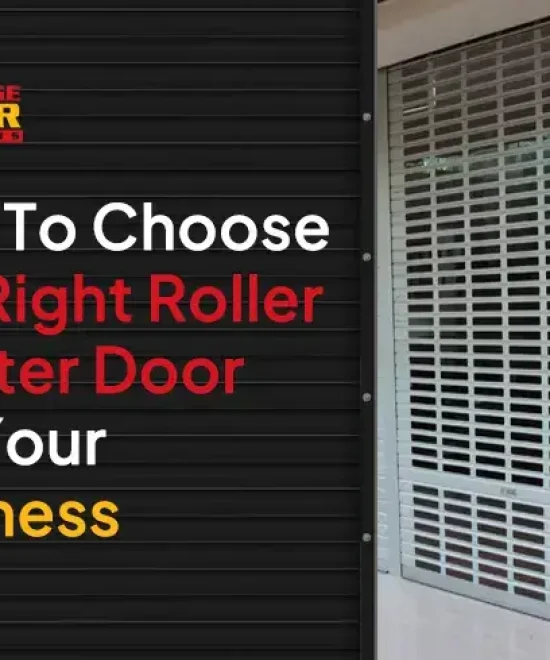 Title card with the Garage Door Masters logo beside a vented metal roller shutter
