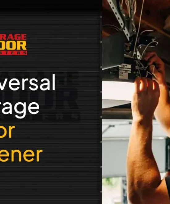 Garage Door Masters banner with a technician reaching up to a ceiling-mounted garage door opener
