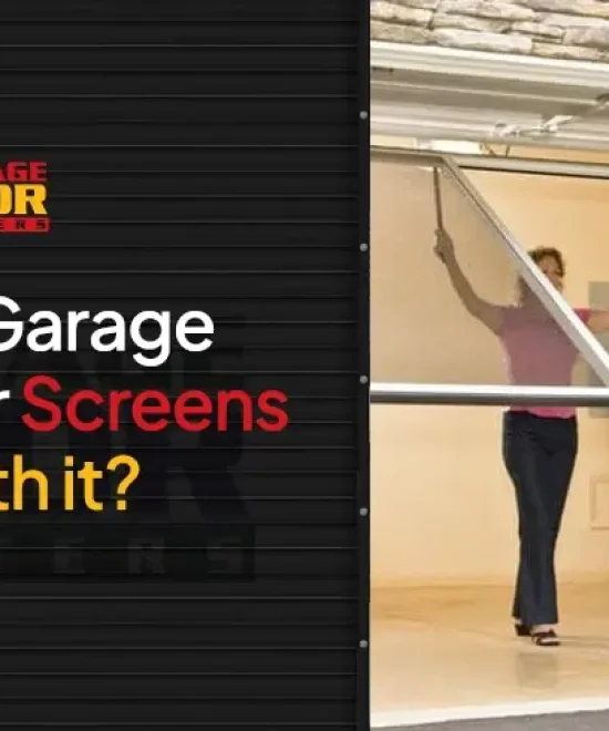 Woman raising a screen panel in an open garage doorway beside the Garage Door Masters logo