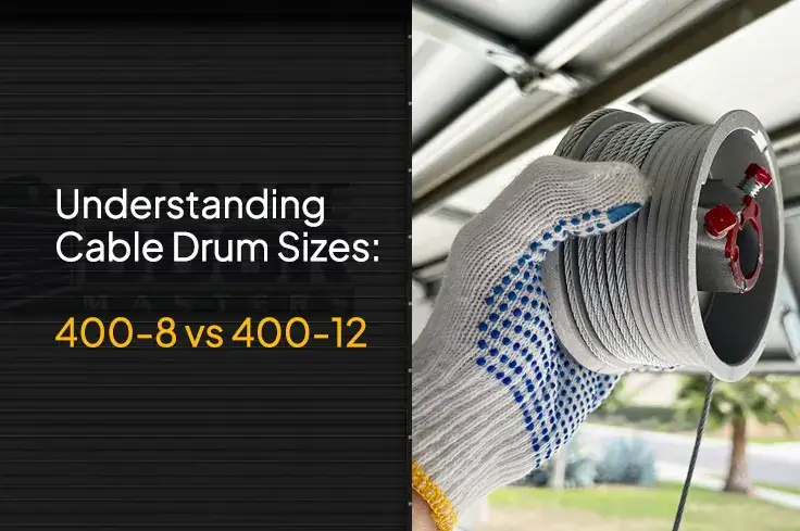 Blog header graphic with a gloved hand holding a grooved cable drum wound with steel cable on a torsion shaft