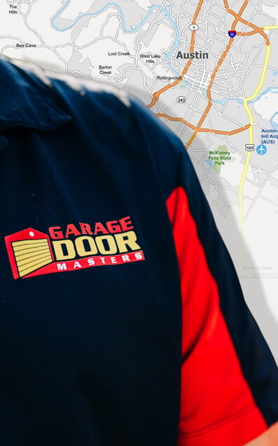 Garage Door Masters uniform over an Austin service area map