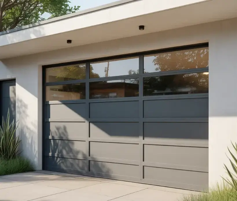 Charcoal-framed sectional garage door with tinted glass top sections above taupe panels on a modern home