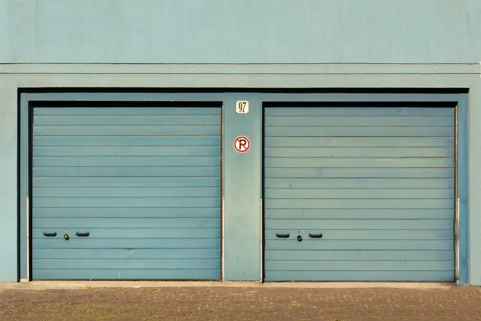 Two closed pale blue garage doors in a teal wall, with unit number 97 and a no-parking sign between them